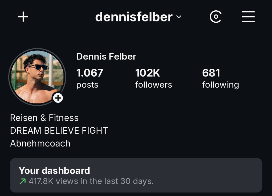 Instagram-Profil dennisfelber vorher: 1.067 Beiträge, 102K Follower, 417,8K Aufrufe in den letzten 30 Tagen